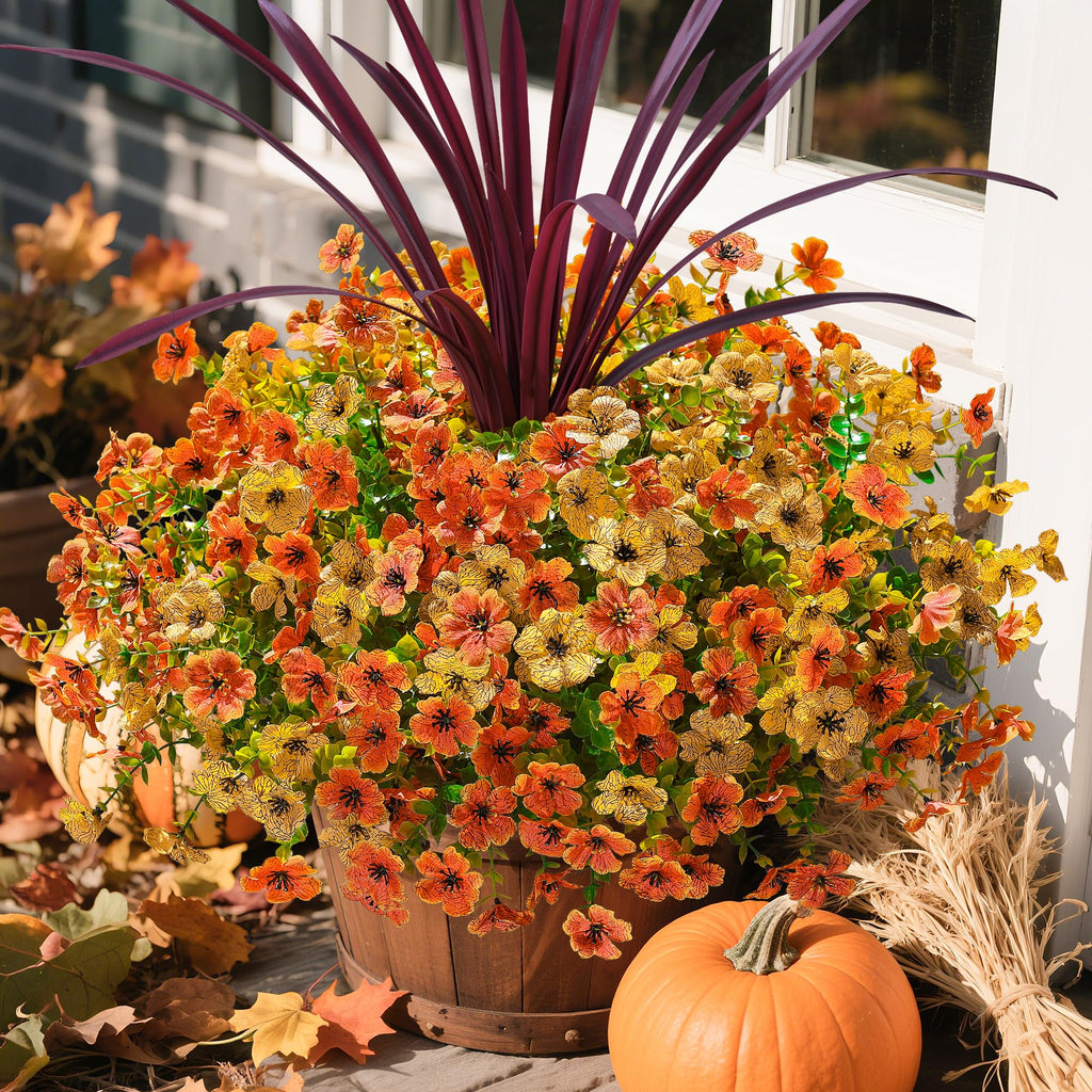 Fall Flowers Artificial Mums for Outdoors Autumn Decor, 12 Bundles Fake Fall Mums with 1 pcs Burgundy Orchid Leaf UV