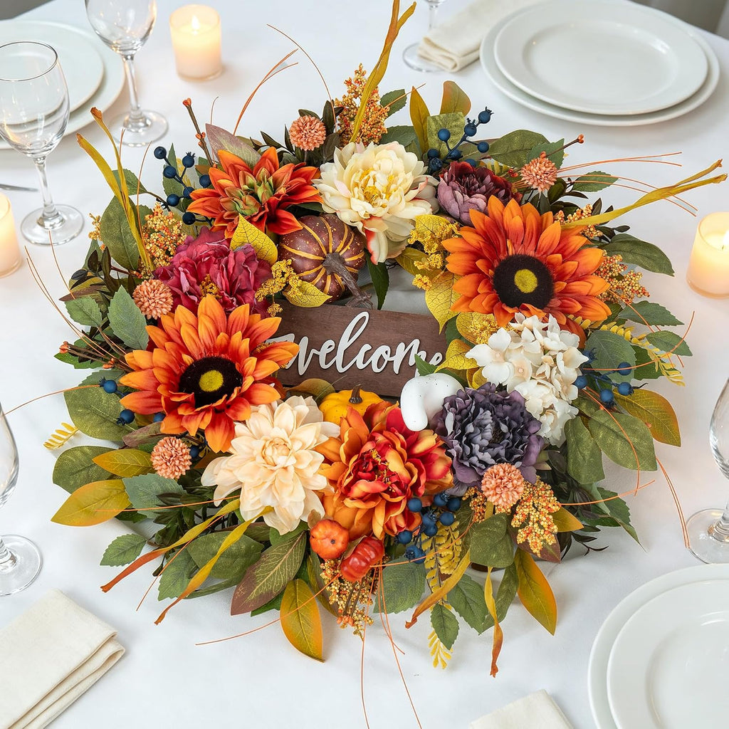 Artificial Harvest Fall Wreaths for Front Door 24 Inch Autumn Wreath
