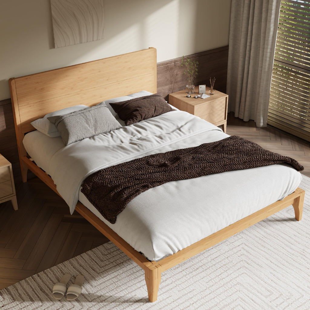 King Size Bamboo Platform Bed Frame with Tall Headboard, Natural