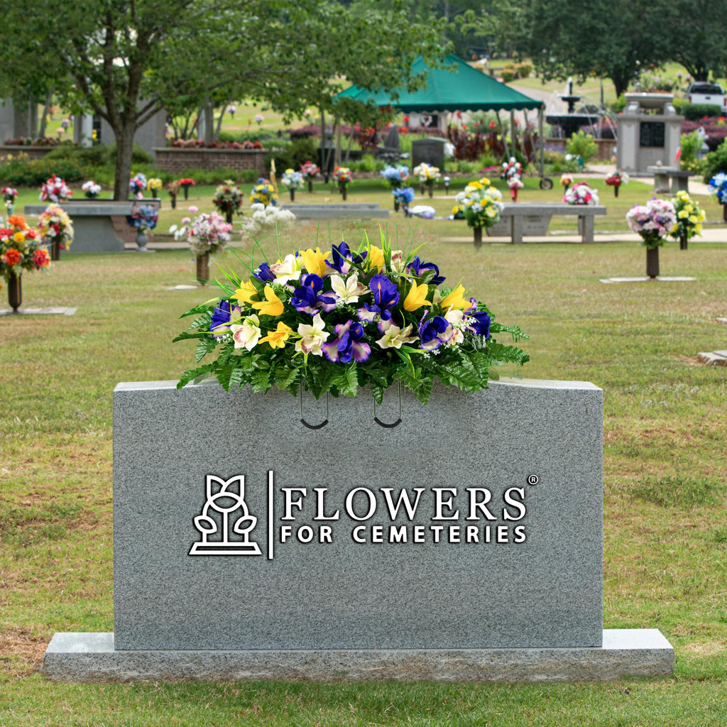 Yellow Tulip & Purple Iris Headstone Saddle