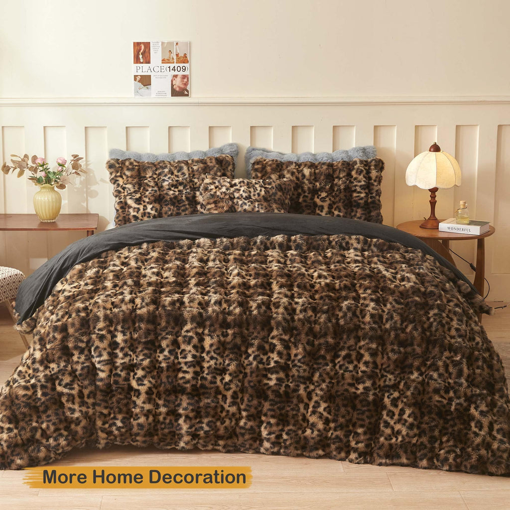 Leopard Print Fluffy Faux Rabbit Fur Throw Pillow Covers 2 Pack