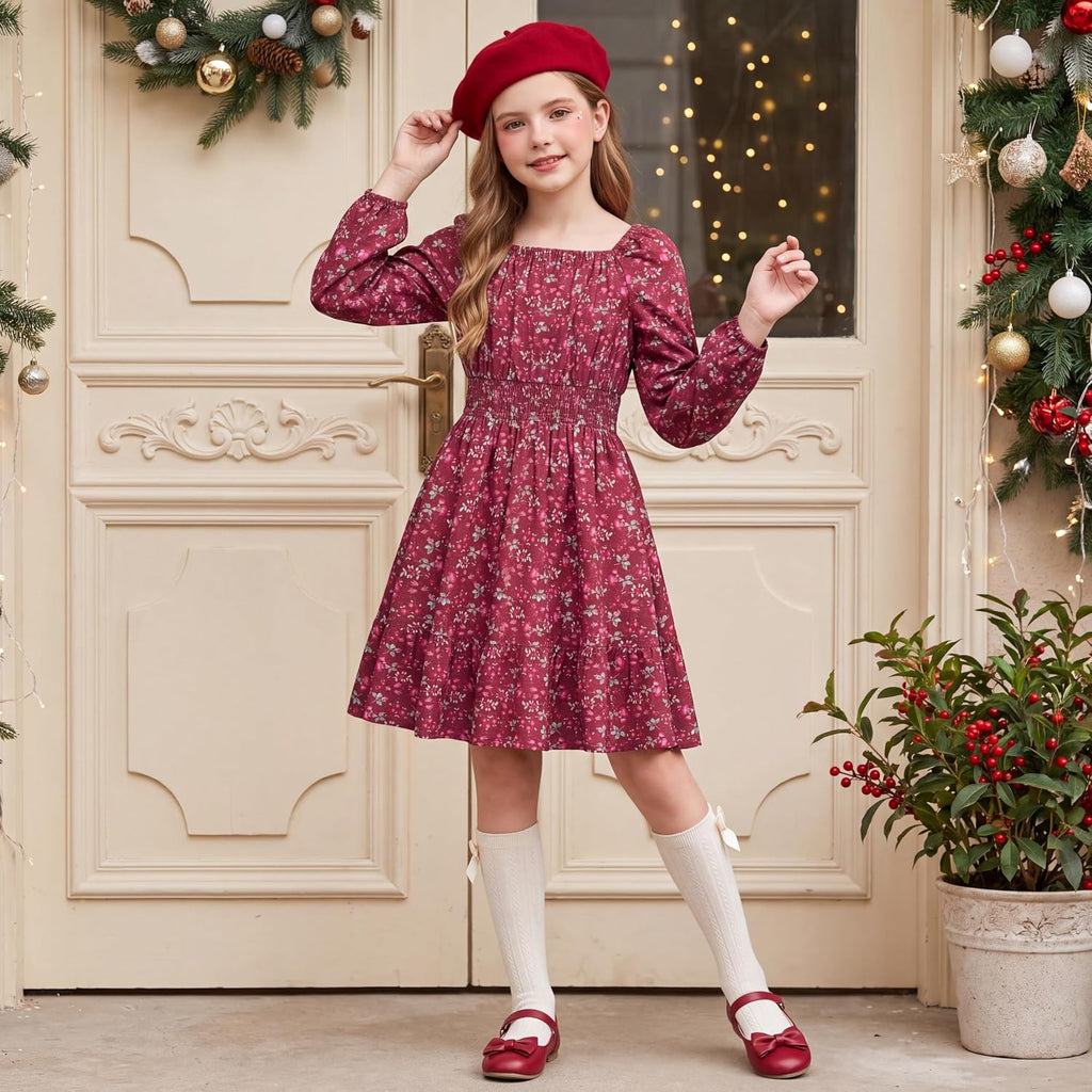 Girls Fall Dress Floral Long Sleeve Midi Smocked Waist Holiday
