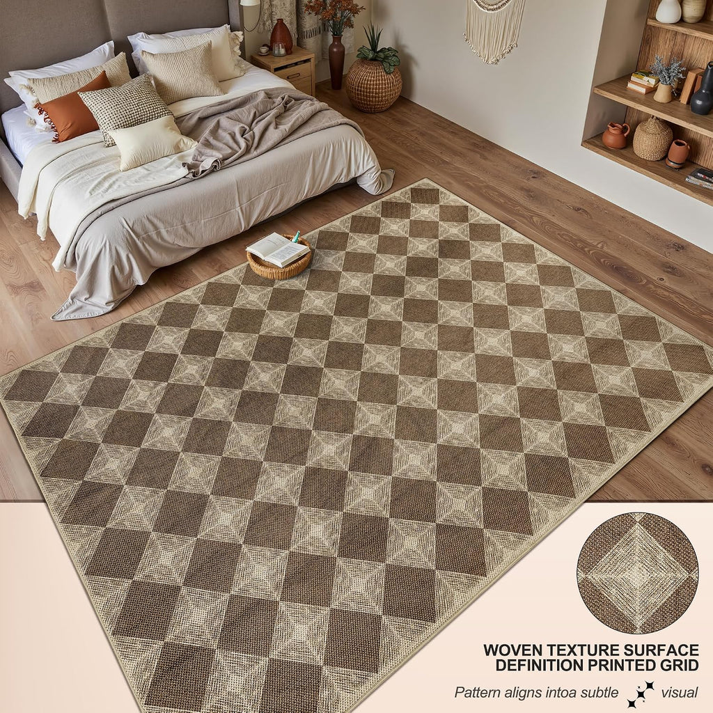 5x7 Checkered Easy Jute Rug - Washable Non-Slip Indoor Outdoor Carpet, Brown Textured Diamond Pattern, Neutral Area