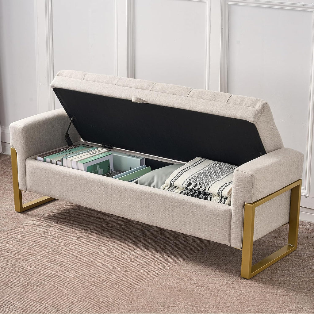 57" Storage Ottoman Bench, Upholstered End of Bed Bench, Beige | Metal Legs & Button-Tufted, Linen Ottoman with