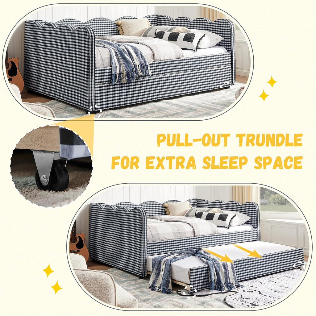 Full Size Gingham Daybed with Trundle and USB Ports | Upholstered Daybed Living Room Guest Room-Navy