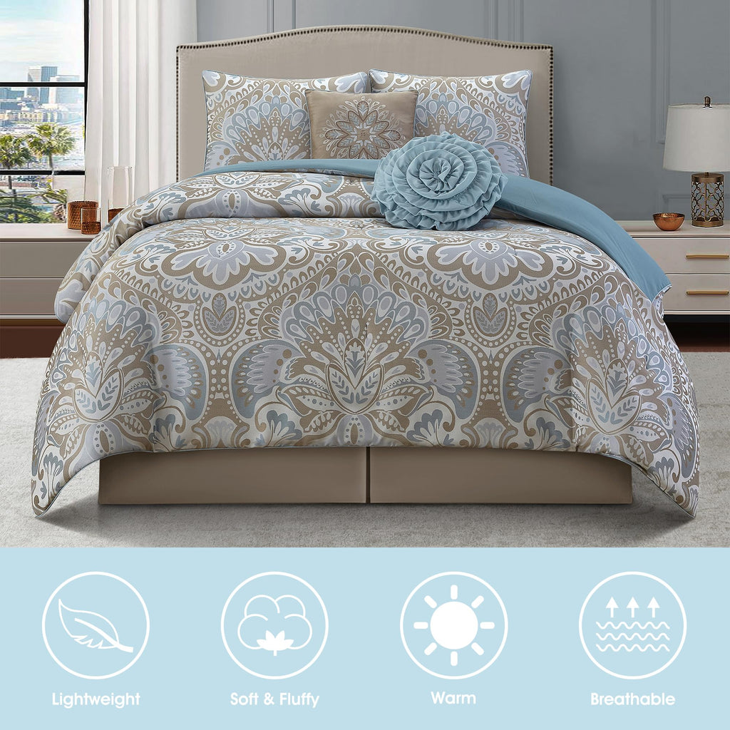 Blue Gold 6 Piece Comforter Set, King, Elegant Floral Jacquard, Ultra Soft Bed Set for All Seasons, Bed in a Bag