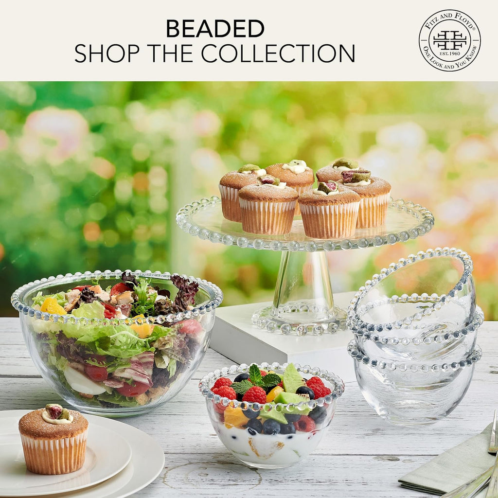 Beaded Large Glass Cake Stand, 10.75 Inch Clear Glass Pedestal Cake Stand for Desserts, Appetizers, and Entertaining