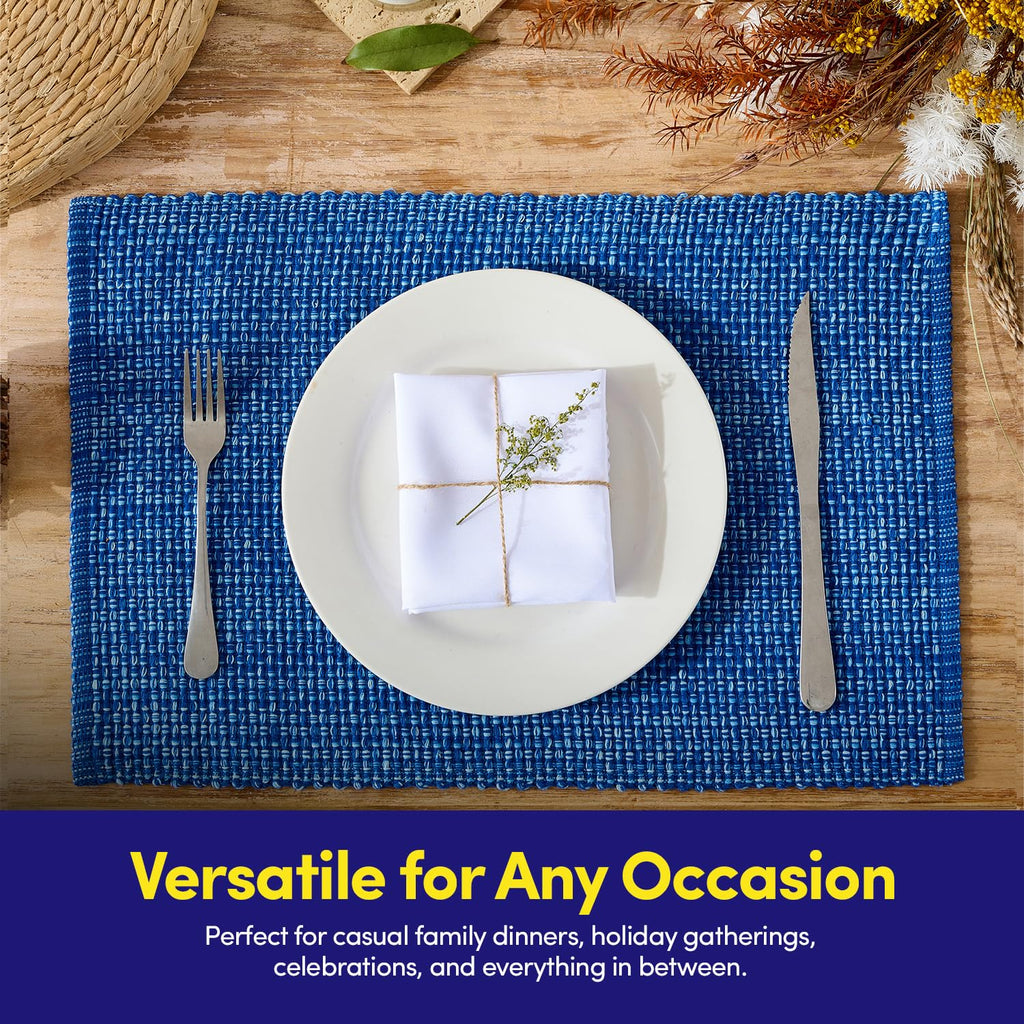 100% Cotton Placemats Rectangle Two Tone Woven Fabric 13" x 19" Soft Durable Table Mat Set, Set of 6, Dark Blue