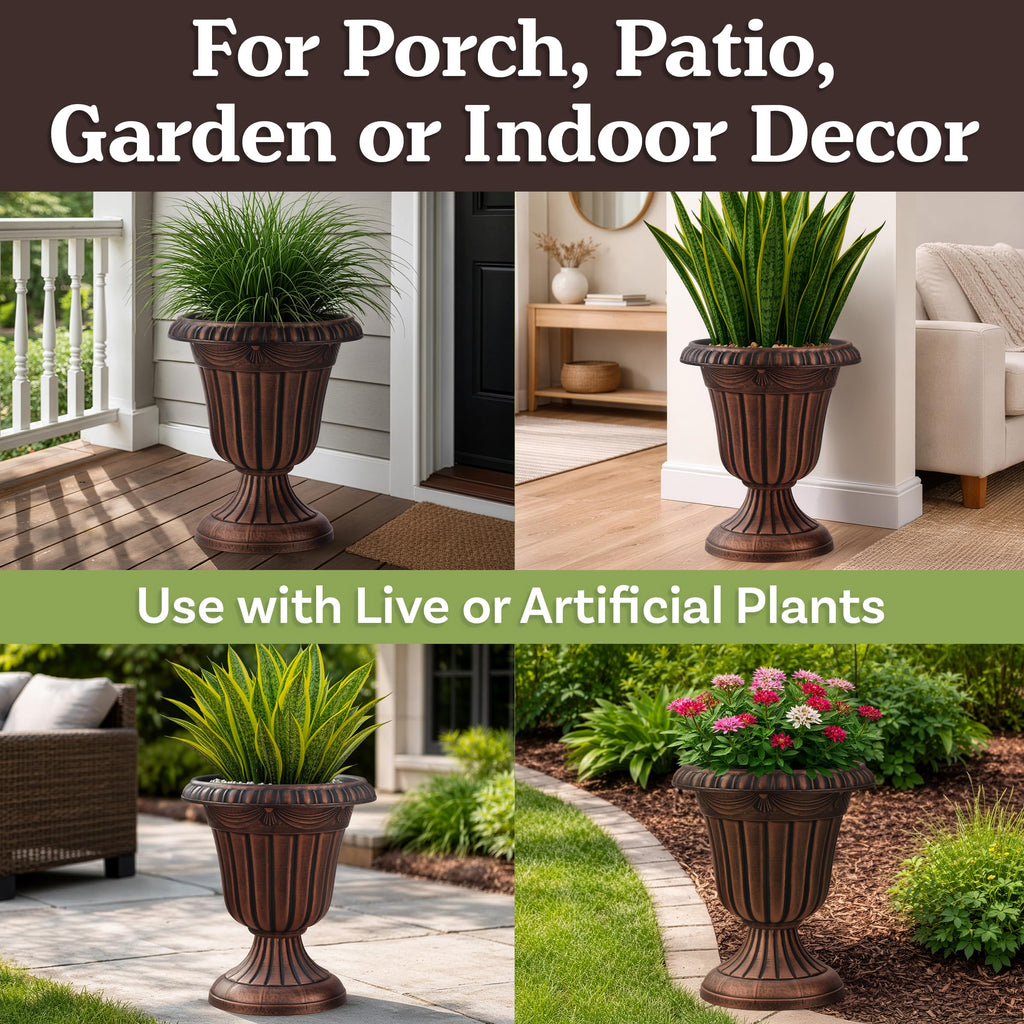 Outdoor Planter 2-Pack - 16x18-Inch Urn Planters for Front Porch Decor, Indoors, Patio or Entryway - Plastic Plant