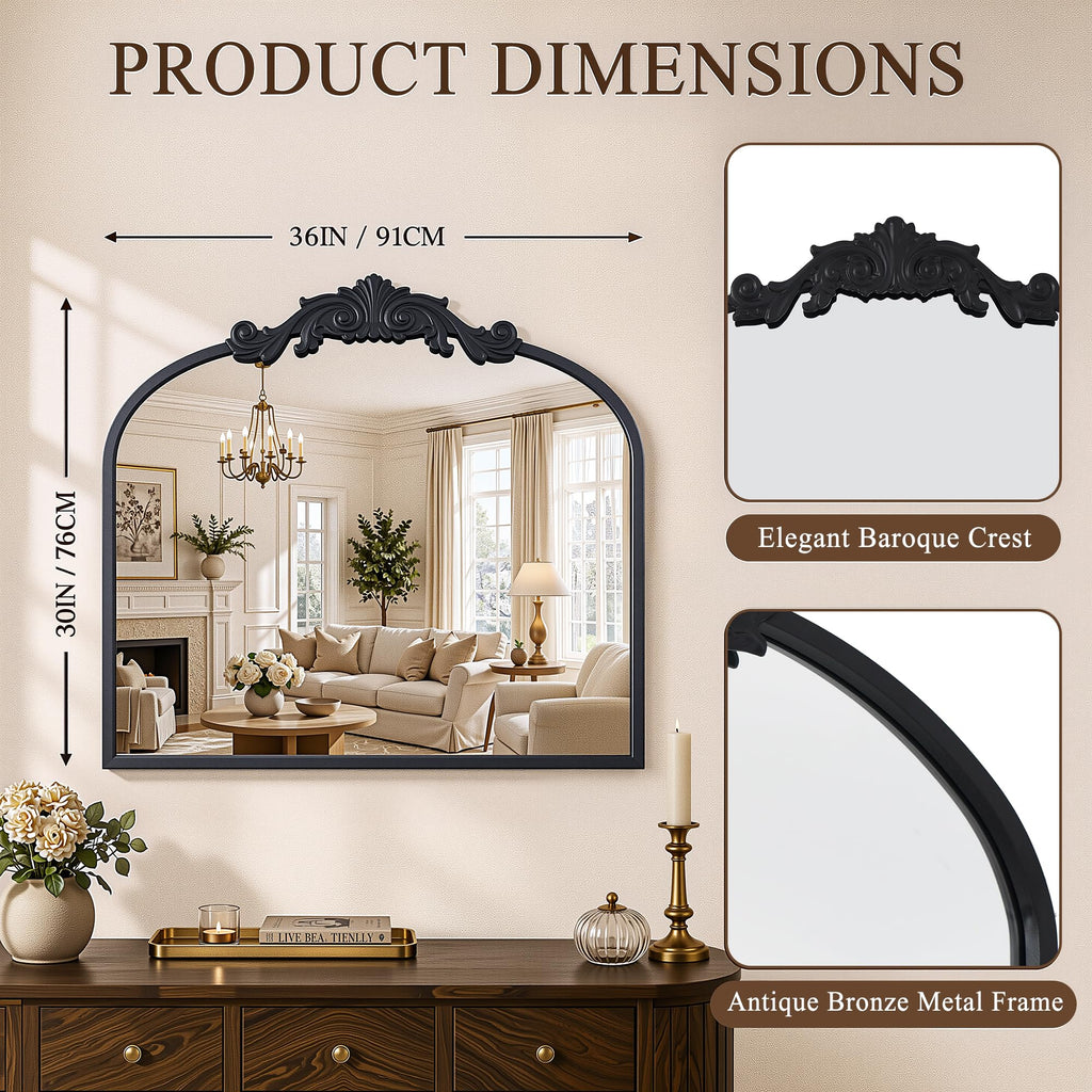 Vintage Black Arched Wall Mirror, 30"x36" Antique Metal Frame