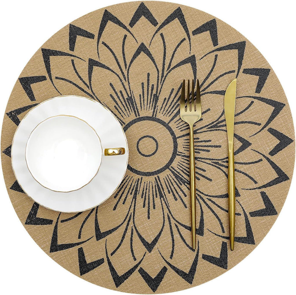 15 inch Round Vinly Placemats Boho Flower Print Place Mats Wipeable Non Slip Stain Heat Resistant Woven - Set of 6
