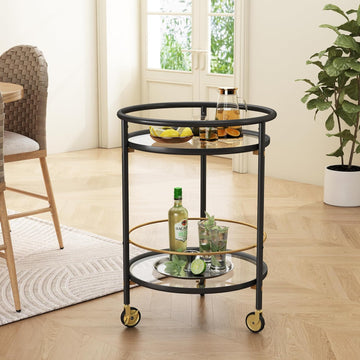 Modern Round Bar Cart with Dual Tempered Glass Shelves, Lockable Wheels and Gold Metal Accents, Rolling Beverage