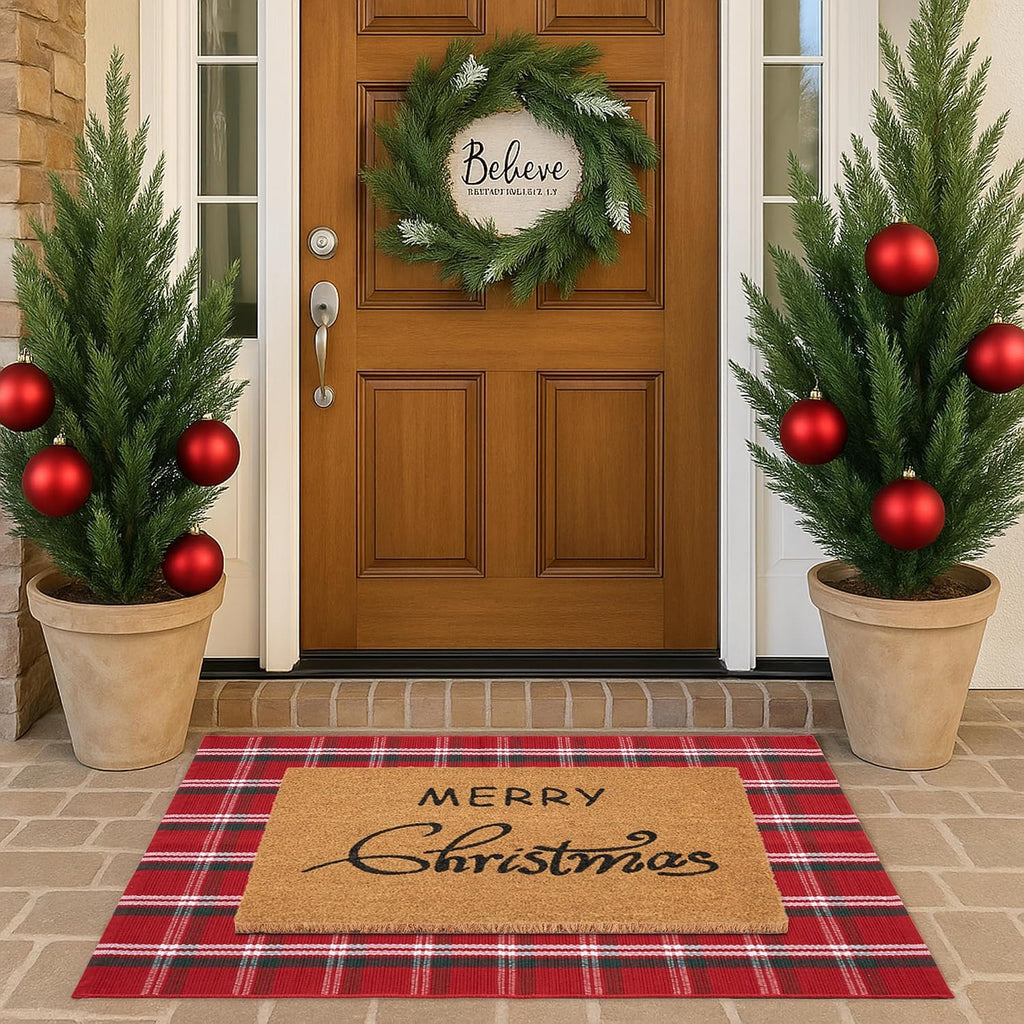Christmas Door Mat Combo Set - 100% Coco Coir Welcome Mat + 3' x 5' Red Green White Plaid Rug, Christmas New Year