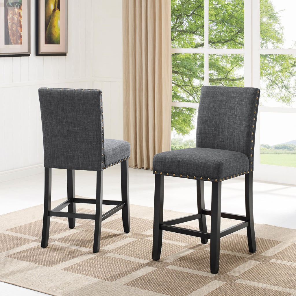 Collection Biony Espresso Wood Counter Height Dining Set with Gray Fabric Nailhead Stools