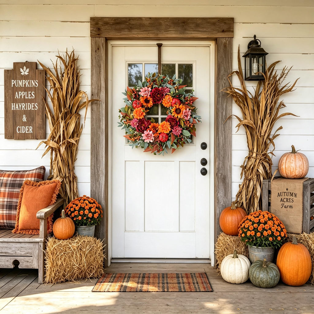 24" Fall Flower Wreath with Sunflowers Peony Pumpkins for Front Door