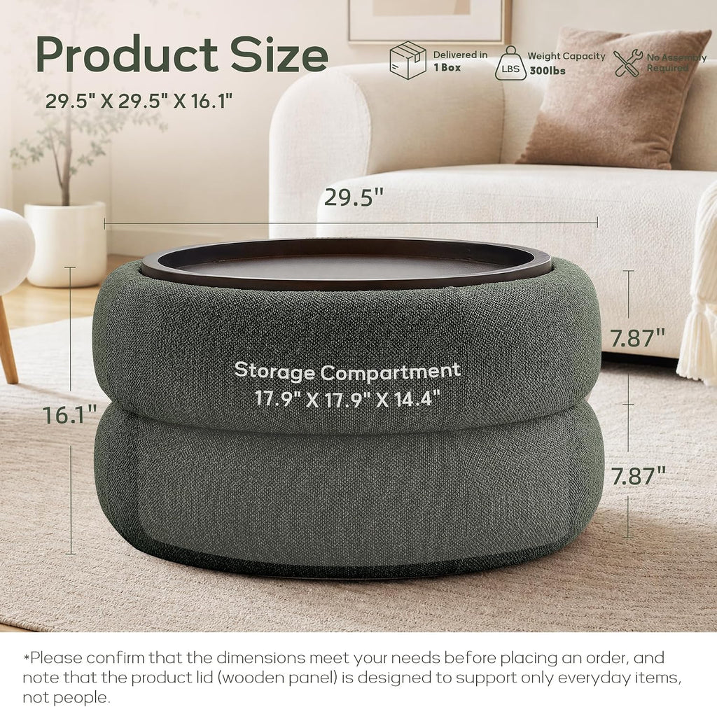 29.5" Round Boucle Storage Ottoman Coffee Table with Lift Off Lid (Green) | Upholstered Modern Ottoman with Storage