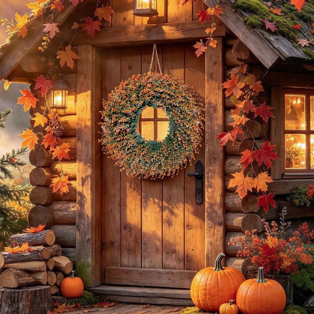 Fall Wreath for Front Door 26 inch Boxwood Wreath Eucalyptus Leaves