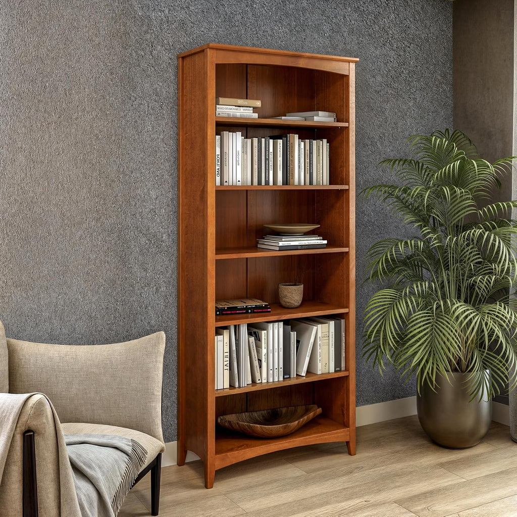 Shaker Style 6 Shelf Bookcase / Solid Wood / 72 inch Tall / Adjustable Shelving / Closed Back / Display Bookshelf