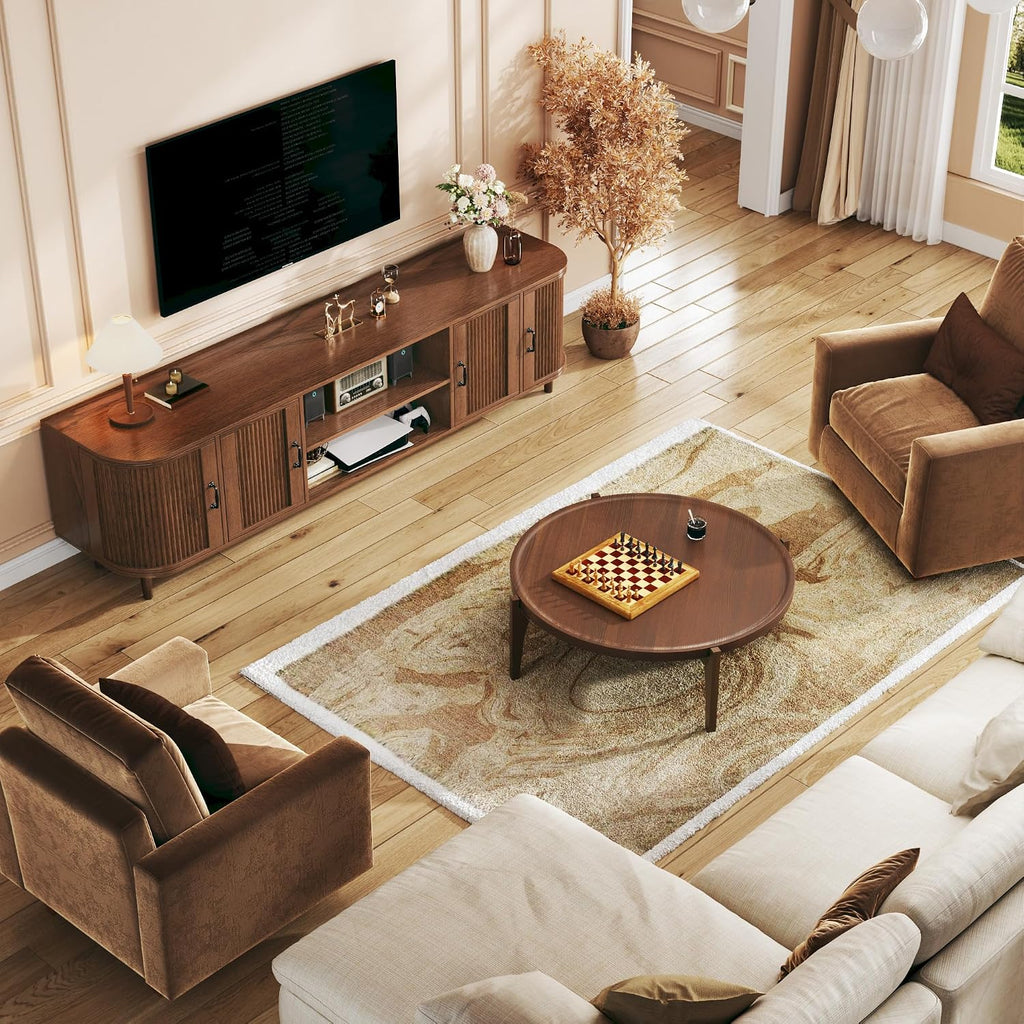 TV Stand for 75 inch TV, Mid Century Modern Entertainment Center for 55/60/65/75 inch TV, with Fluted Door Cabinets &