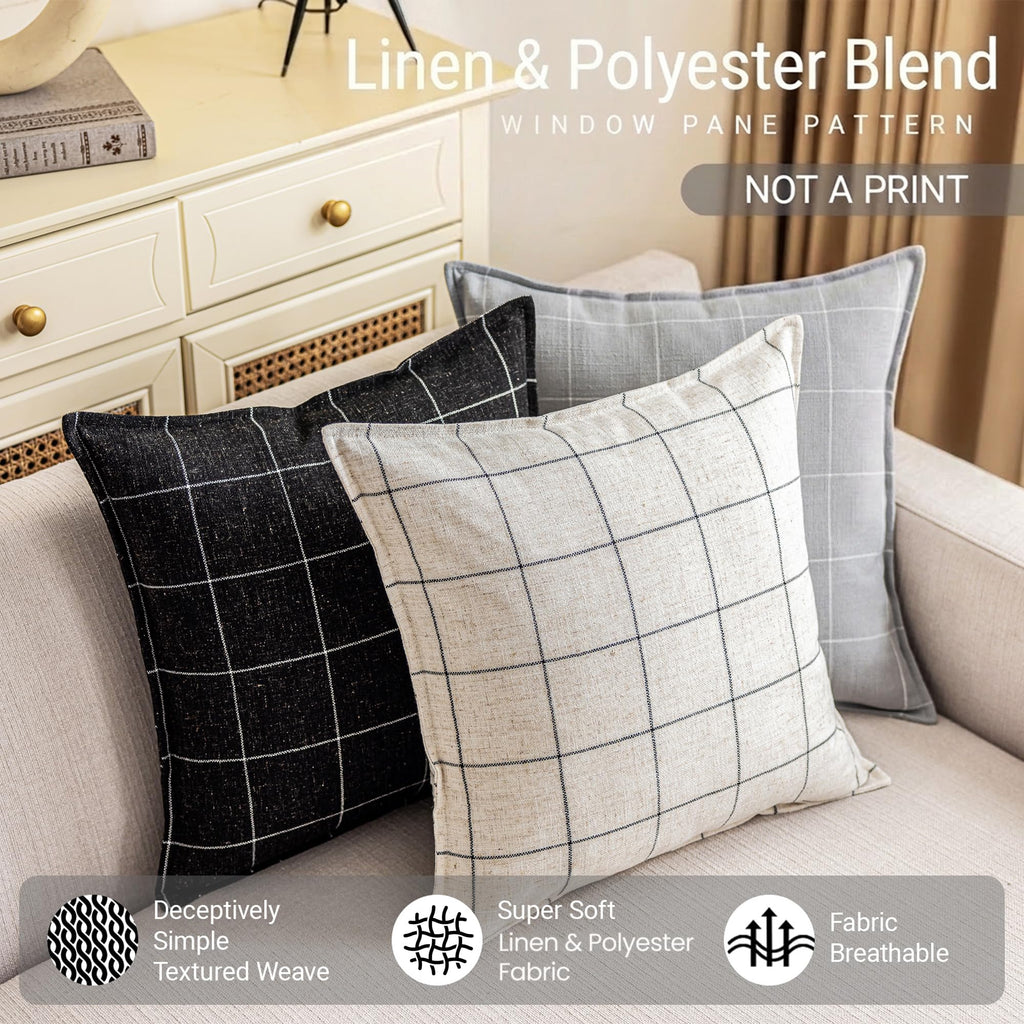 Cream White Plaid Minimalist Linen Decorative Pillow Covers 20x20 Set of 2