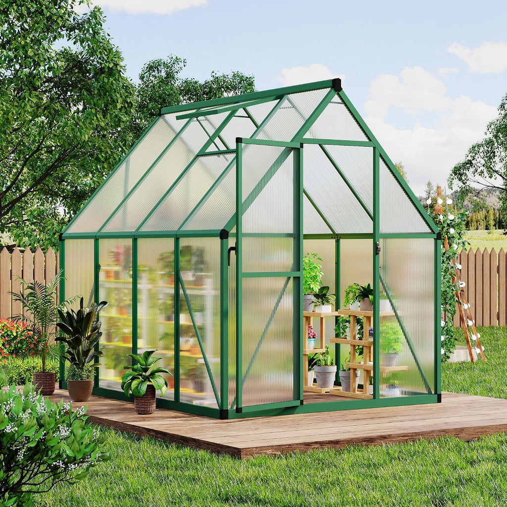 8x12 FT Outdoor Greenhouse, Polycarbonate Greenhouse with Roof Vent and Ground Nails, Aluminum Large Walk-in Green