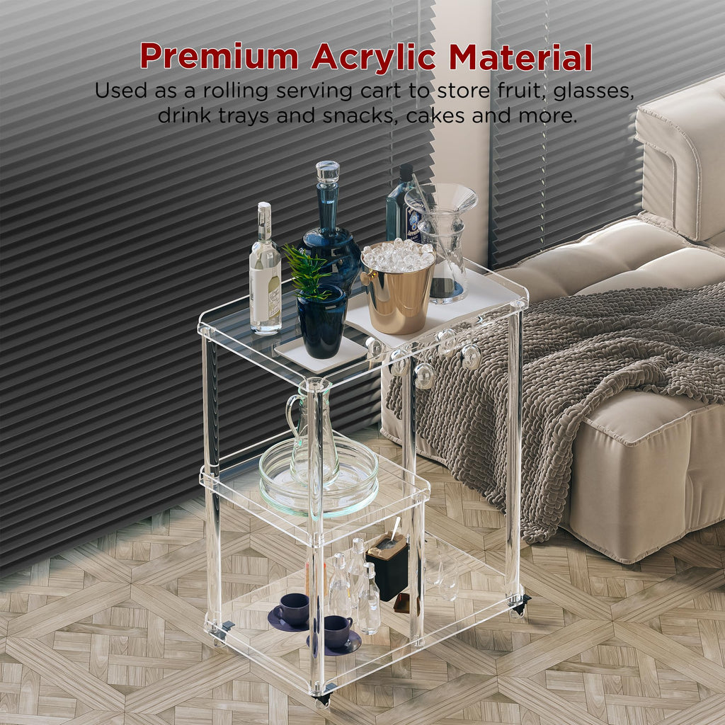Acrylic Modern Bar Cart with Lockable Wheels, 3 Tier Rolling Cart