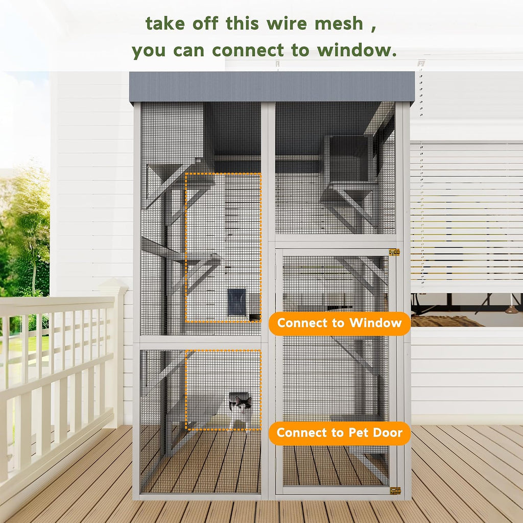 62.6" Outdoor Wooden Cat House Large Catio, Solid Wood Cat Cage Shelter Enclosure Playpen with Anti-UV& Waterproof, 5