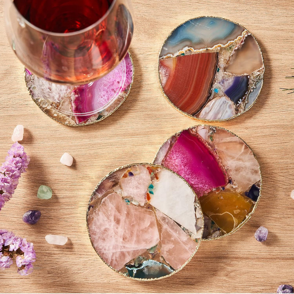 Rainbow Agate Coasters, Natural Crystal Coaster for Drinks, Geode Gemstone with Gold Edge, Agate Slice Stone - Set of 4