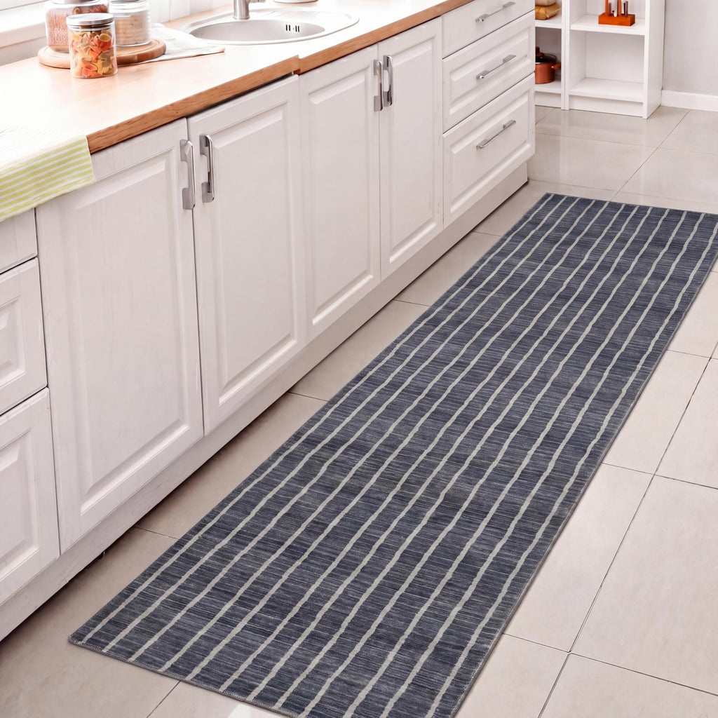 Washable Orton Distressed Ticking Stripe 2' x 8' Machine-Washable Polyester Runner Rug, Navy and Cream, Farmhouse