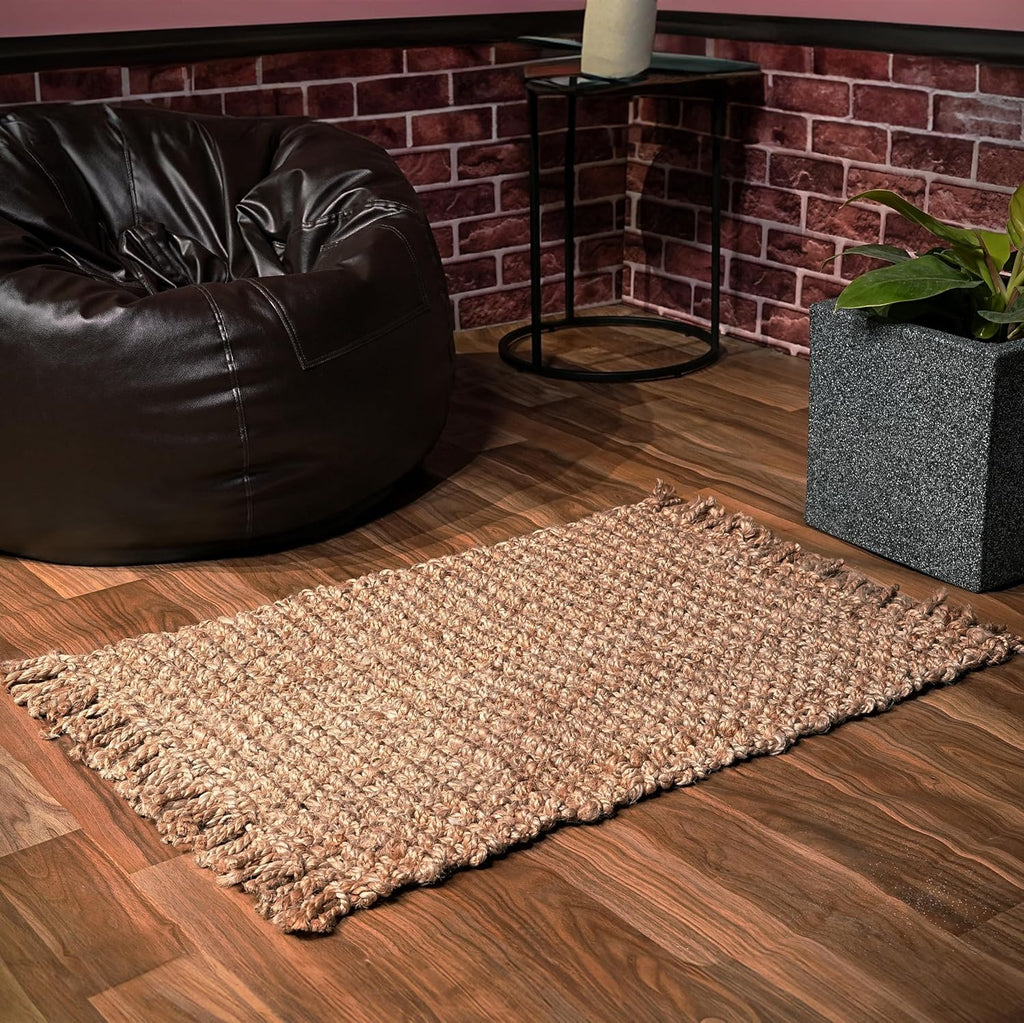Hand Woven Chunky Jute Rug 2x3 Feet Natural, Farmhouse Accent Boho Accent Floor Throw Carpet Ideal