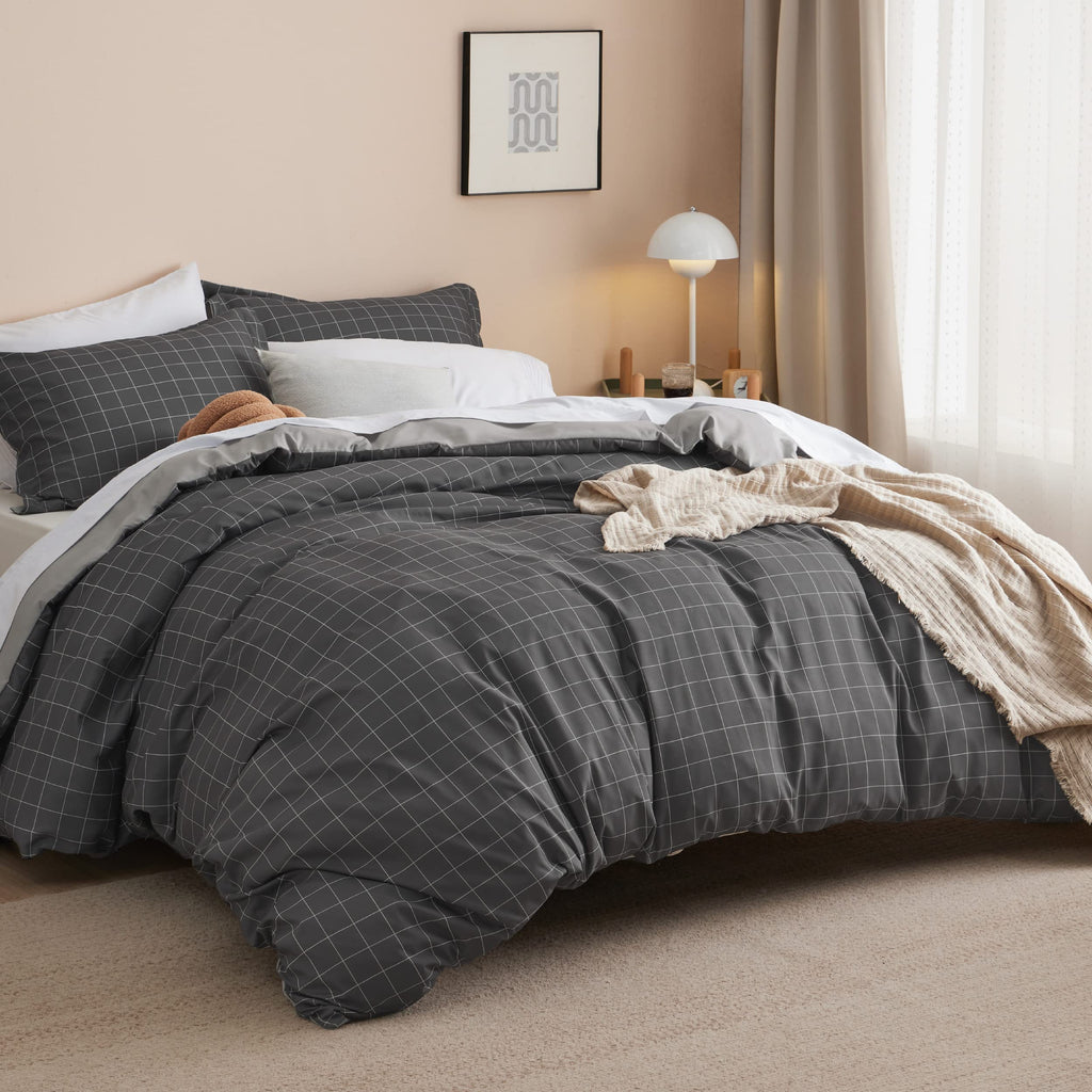 Duvet Cover - Reversible Plaid Duvet Cover Set with Zipper Closure, 2 Pieces Dark Grey Bedding Set with 8