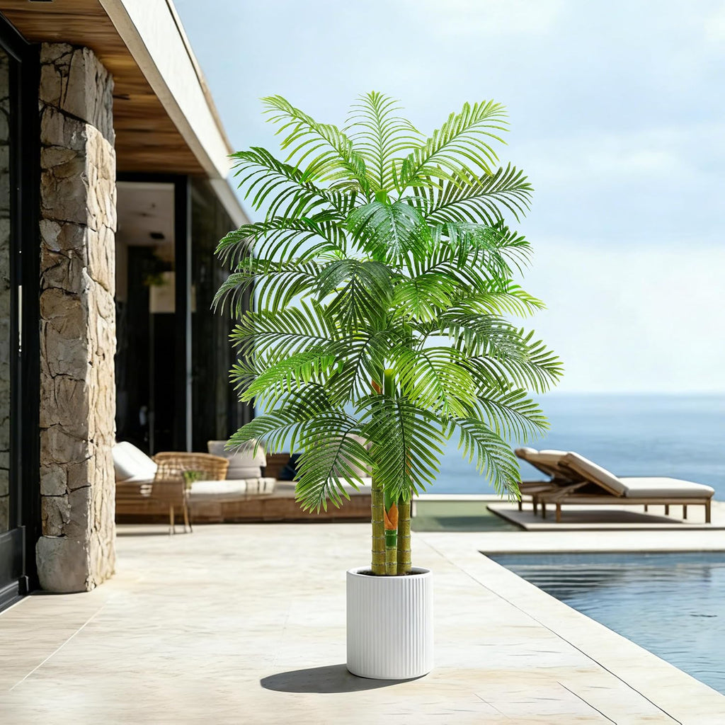 Artificial Golden Cane Palm Tree:6T Fake Large Tropical Areca Palm Trees Tall Faux Silk Plant in White Pot
