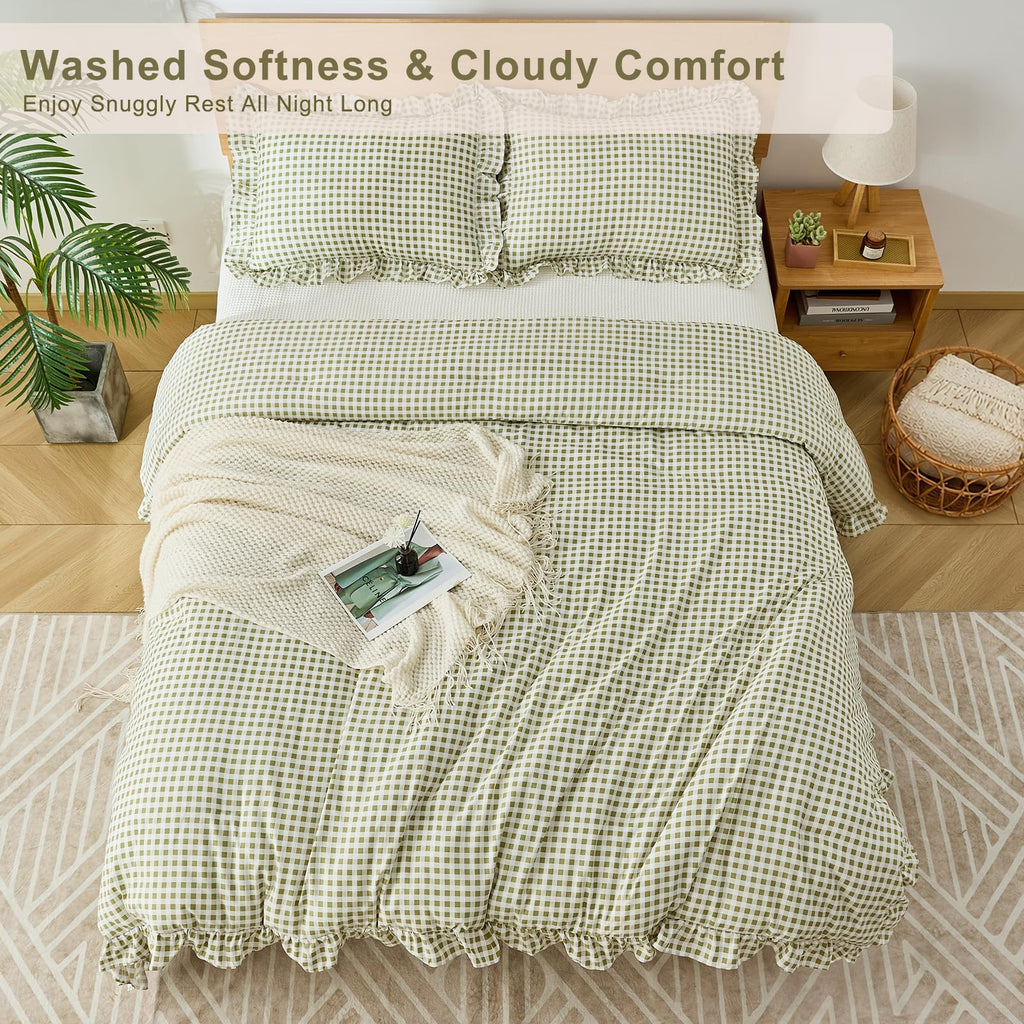 Ruffle Gingham Comforter Set Sage Plaid Farmhouse Bedding