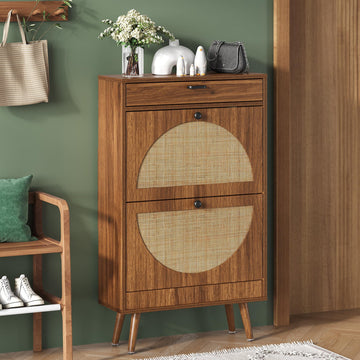 Shoe Rack Storage Organizer with 2 Natural Semi-Circular Rattan Doors, Entryway Wooden Shoe Cabinet for Sneakers