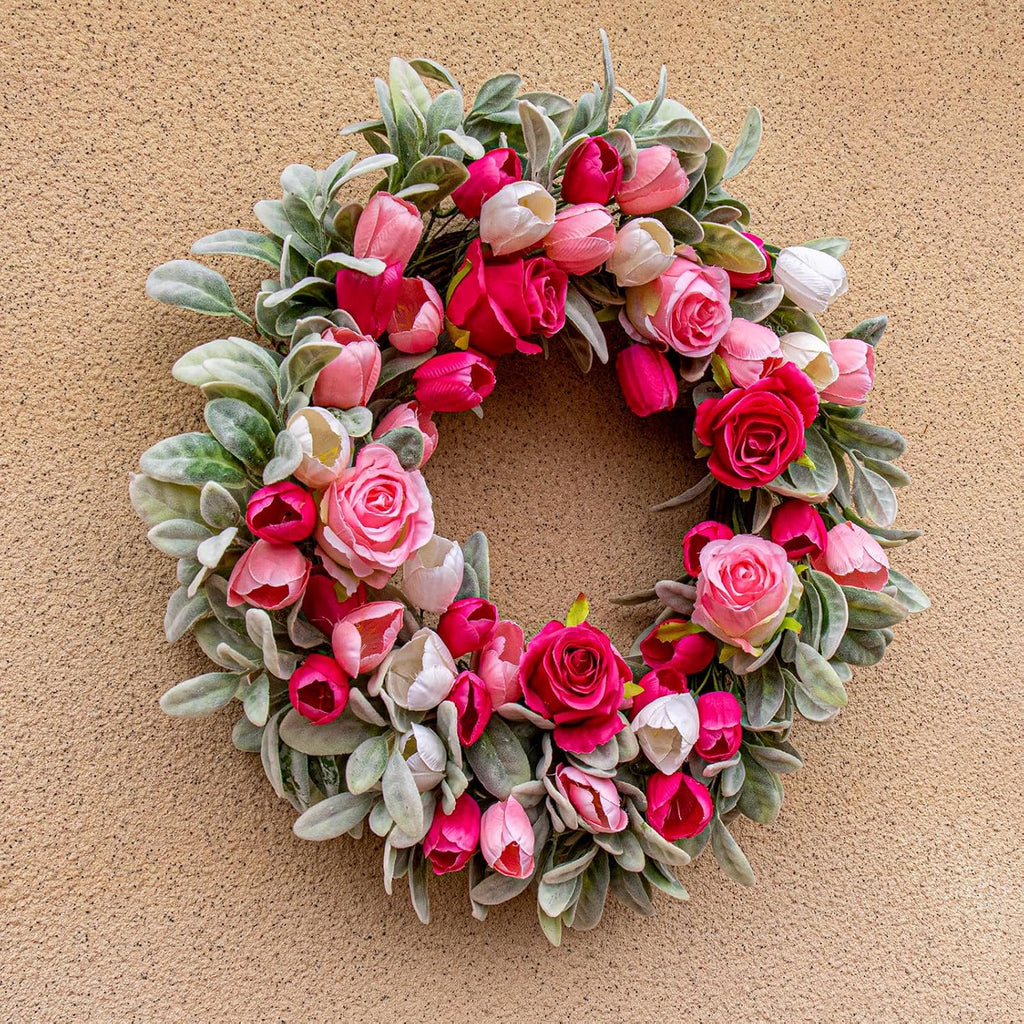 20 Inches Farmhouse Valentines Wreath Modern Valentine Flower Wreath Rocco Valentines Day Door Wreaths with Red Pink