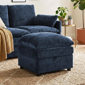 25" Chenille Ottoman, 9.5" Thick Cushion, Upholstered Footrest Modern Footstool & Bench , Blue
