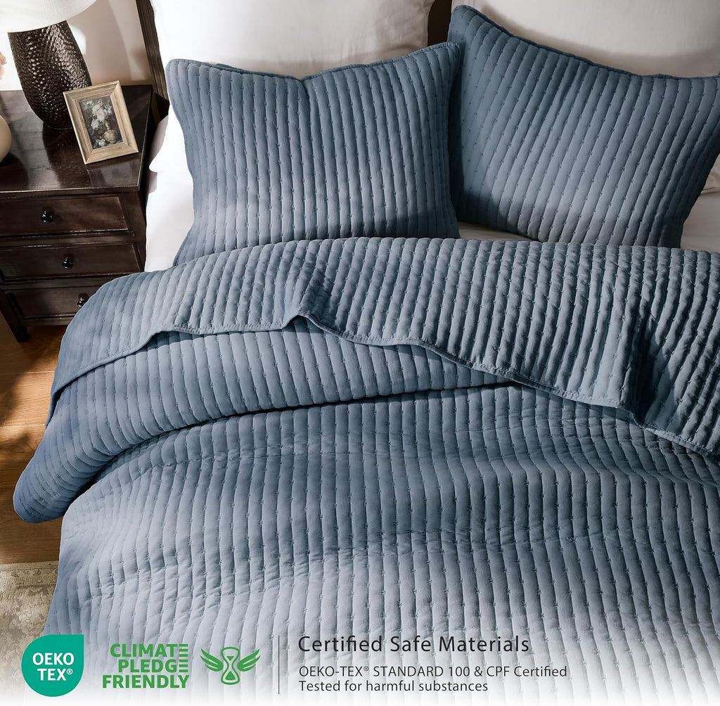Blue Cross Stitch King Quilt Set, Striped Lightweight Soft Bedspread, Channel Farmhouse Rustic Coverlet, All Season