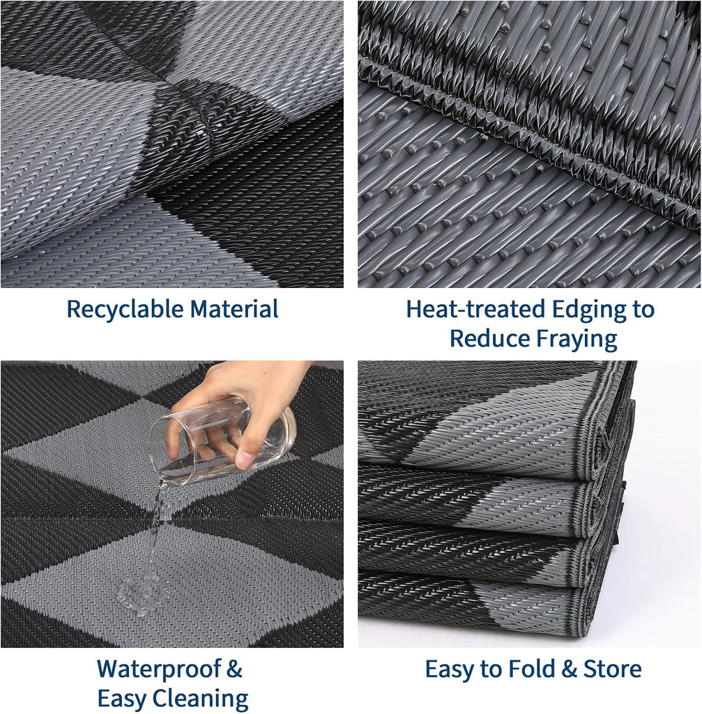 Outdoor Rug, Reversible Waterproof Plastic Patio Mat, UV Resistant Large Floor Mat with Carry Bag, Portable RV Mat