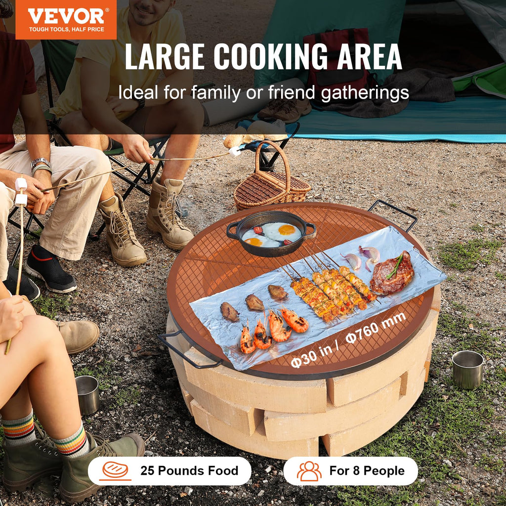 X-Marks Fire Pit Grill Grate, Round Cooking Grate, Heavy Duty Steel Campfire BBQ Grill Grid with Handle and Support X