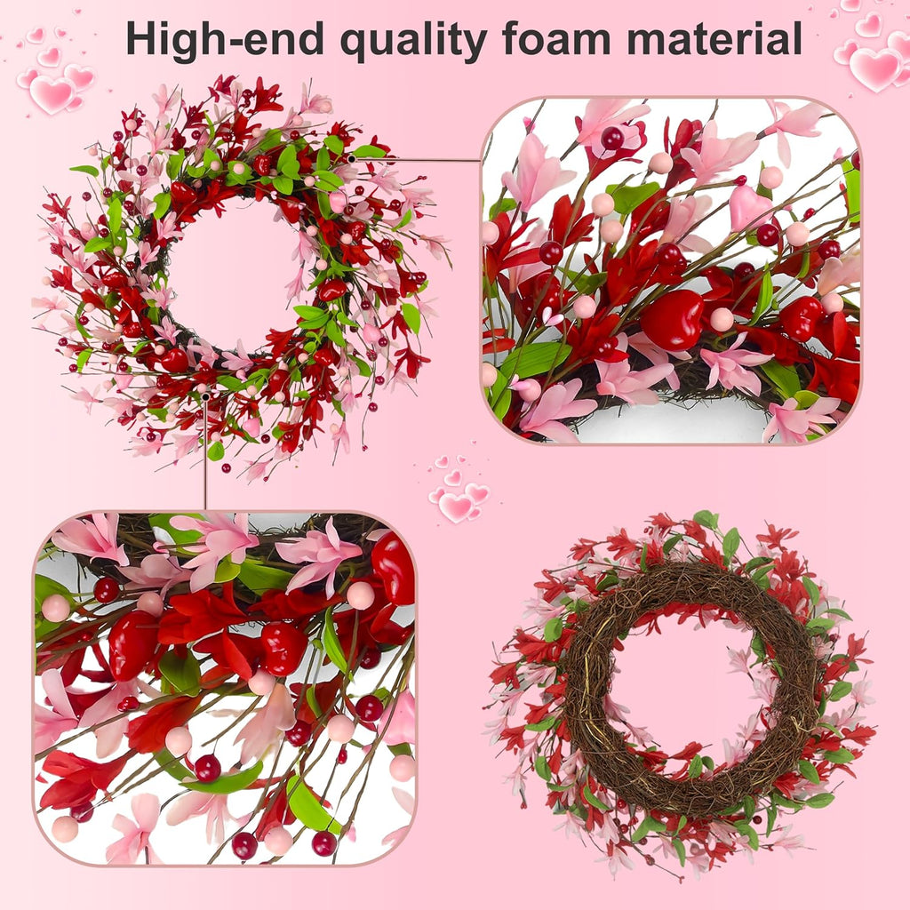20 Inch Valentine's Day Wreath, Valentines Day Wreaths for Front Door with Pink Forsythia Flowers, Heart Shaped