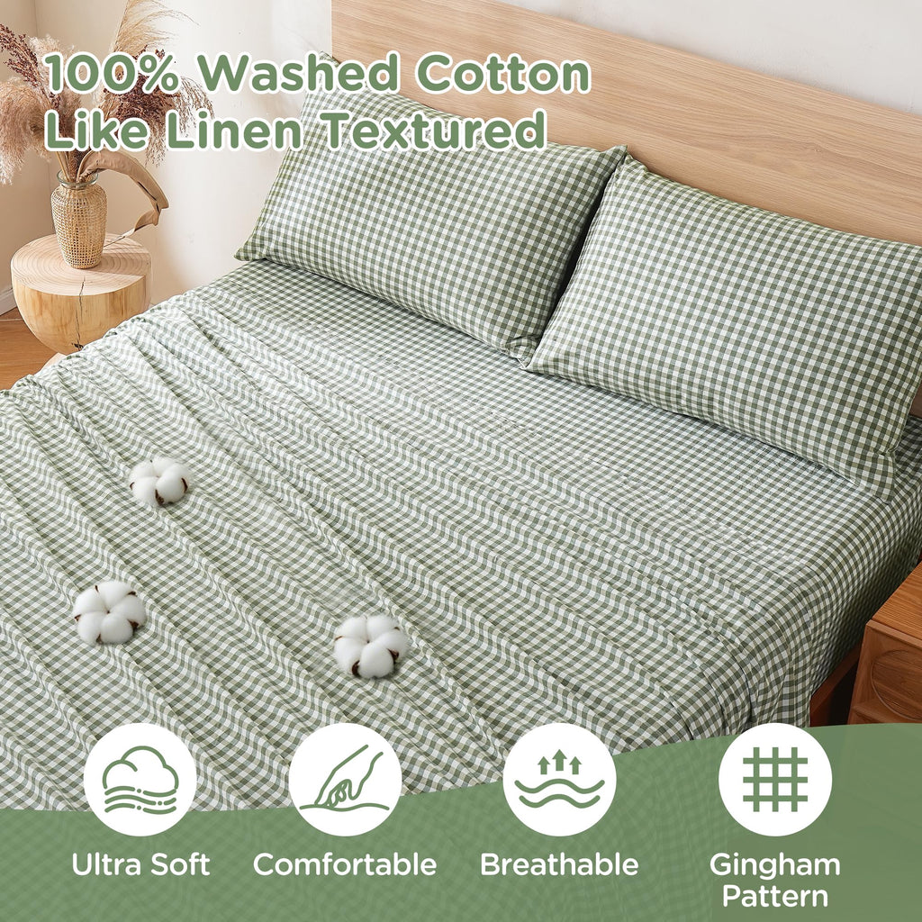 Green Brown Gingham Sheets Set 100% Washed Cotton Like Linen, King