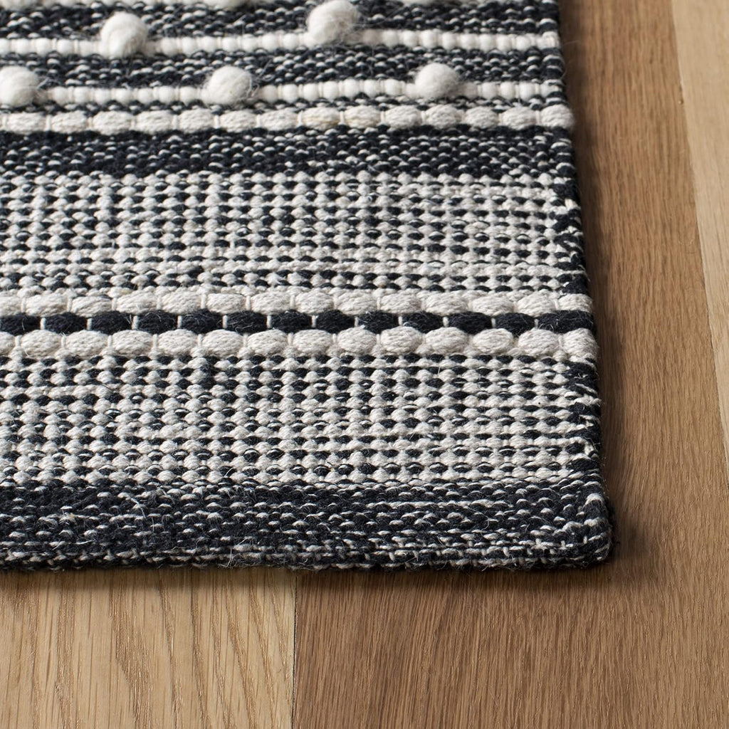 Striped Kilim Collection Runner Rug, Black & Ivory, Handmade Flat Weave Cotton, Ideal for High Traffic