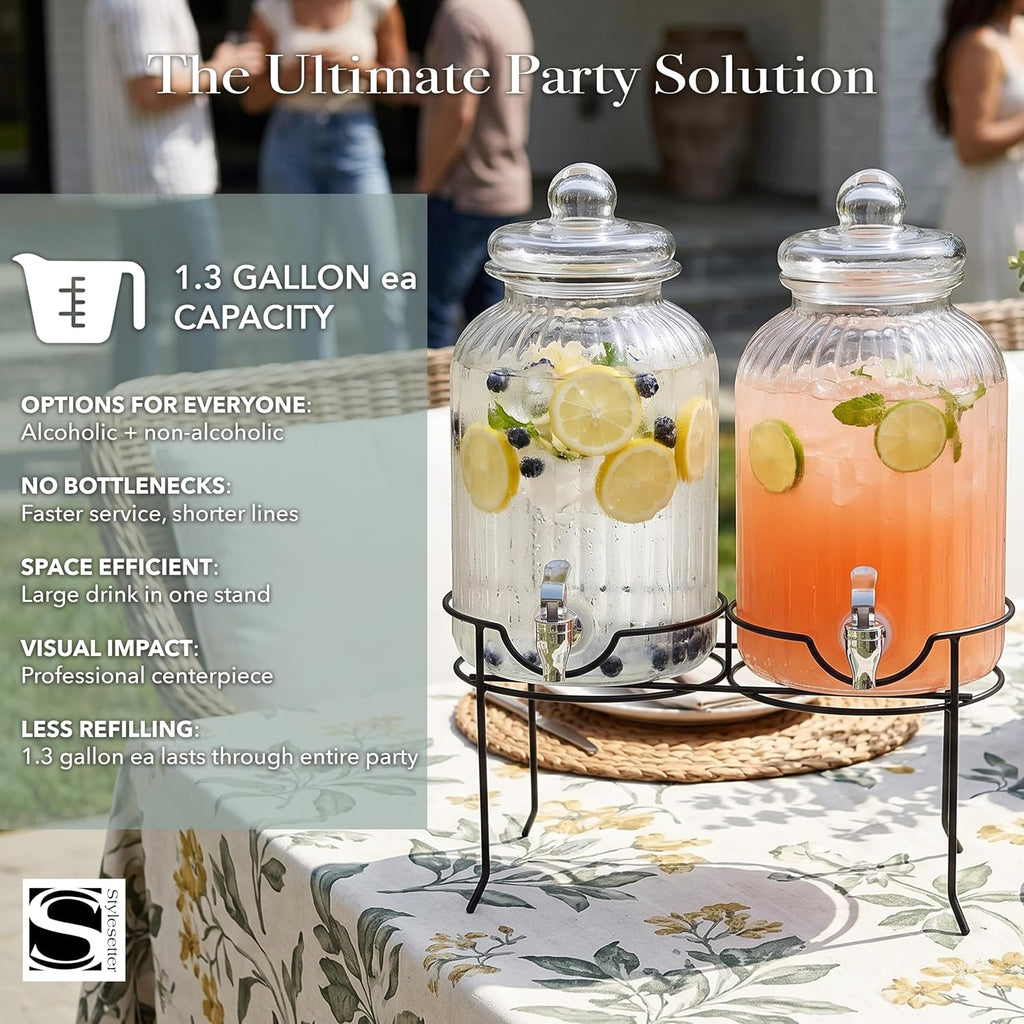 Canyon Beverage Dispenser Cold Drink Dispenser w/ 1.3-Gallon Capacity each Glass Jug, Metal Rack & - Set of 2