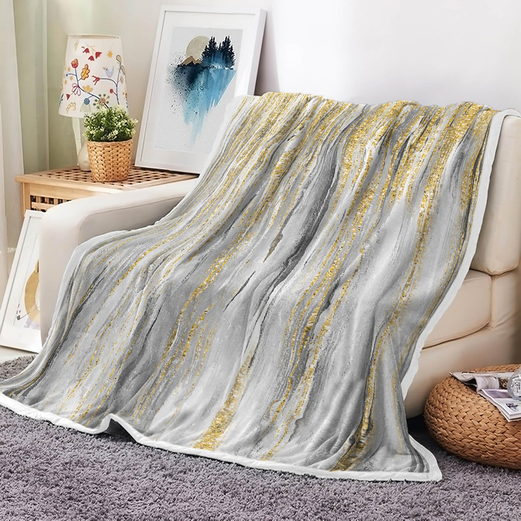Gray Gold Throw Blanket, Grey Abstract Texture Soft Fleece Blankets for Couch Sofa Bedroom, Morden Blanket for Women