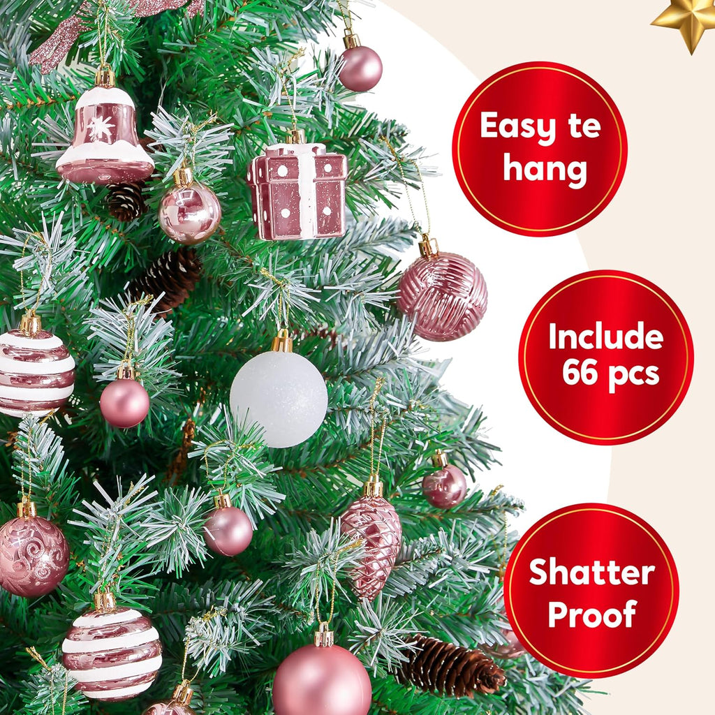 66 Pcs Pink Christmas Balls Ornaments Set, Christmas Tree Ornaments Shatterproof Plastic for Xmas Hanging Decoration