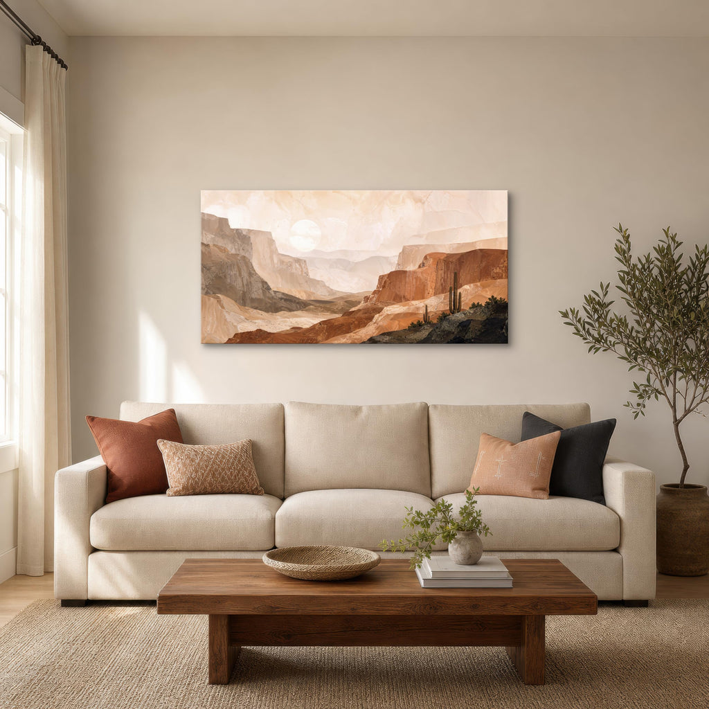 Desert Canvas Wall Art, 48 x 24 Inch Warm Southwest Cactus Landscape Print, Large Terracotta Neutral Horizontal Wall