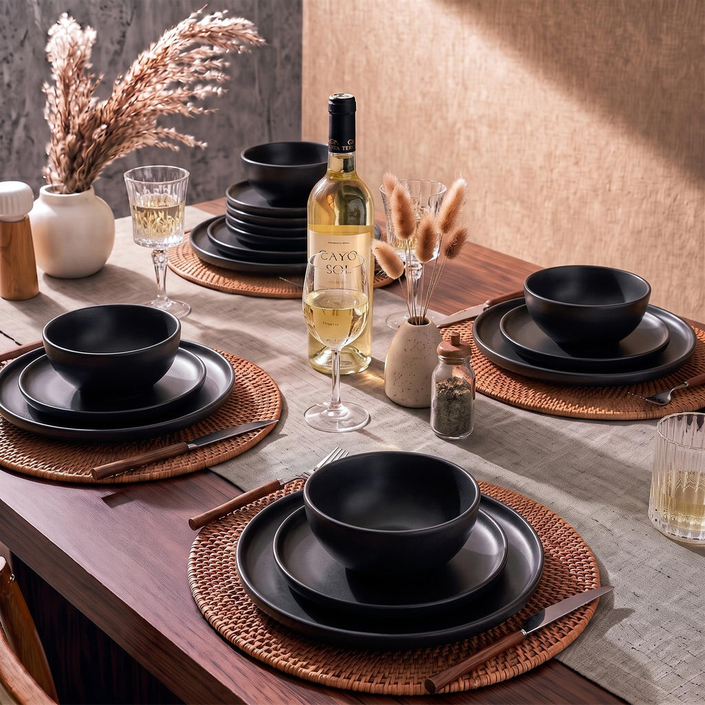 Stoneware Dinnerware Sets Service for 4, 12 pcs Plates and Bowls Set