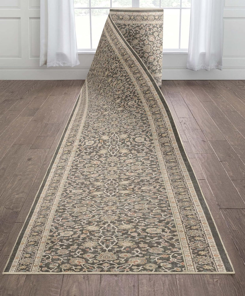 Custom Size Hallway & Stair Runner- Asha Rome Charcoal Brown 26 Inches Wide Super Thin Long Runner (26" x 3' Runner)