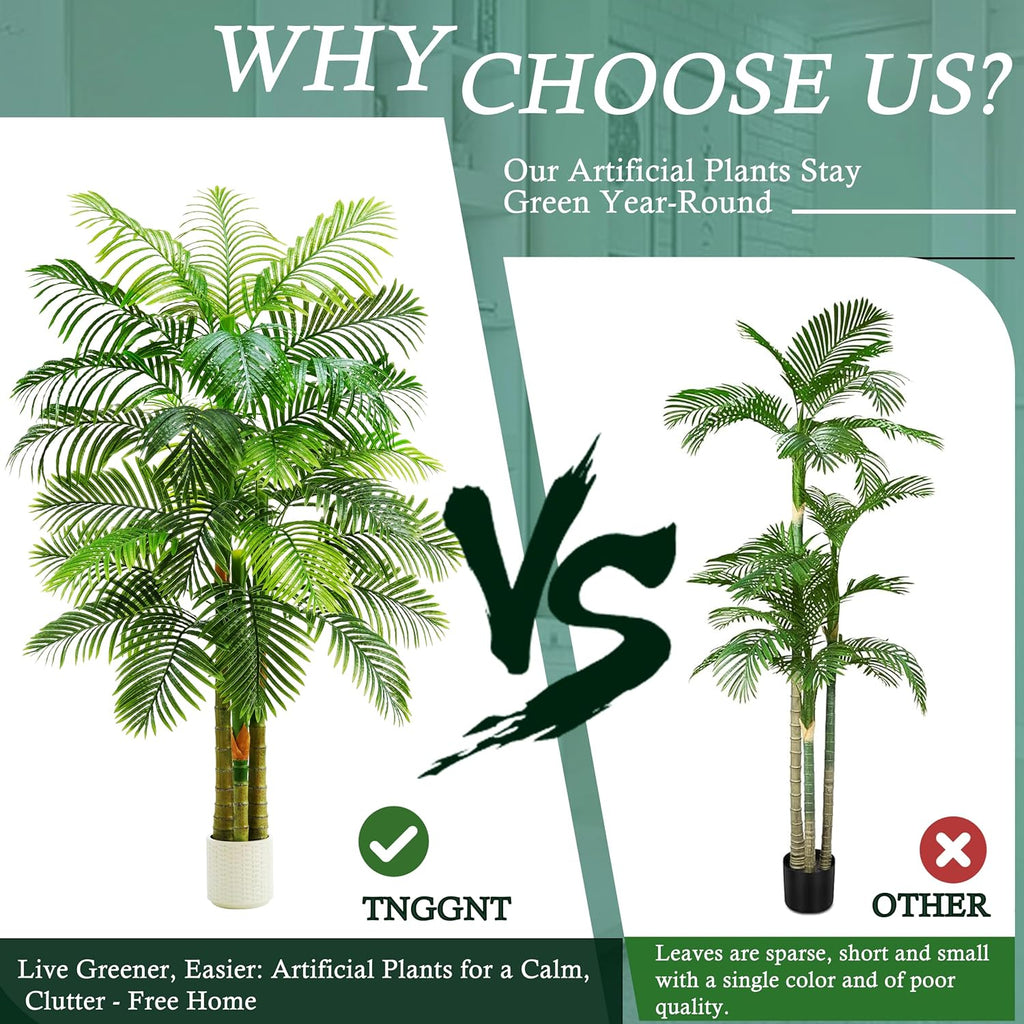 Artificial Golden Cane Palm Tree:6T Fake Large Tropical Areca Palm Trees Tall Faux Silk Plant in White Pot