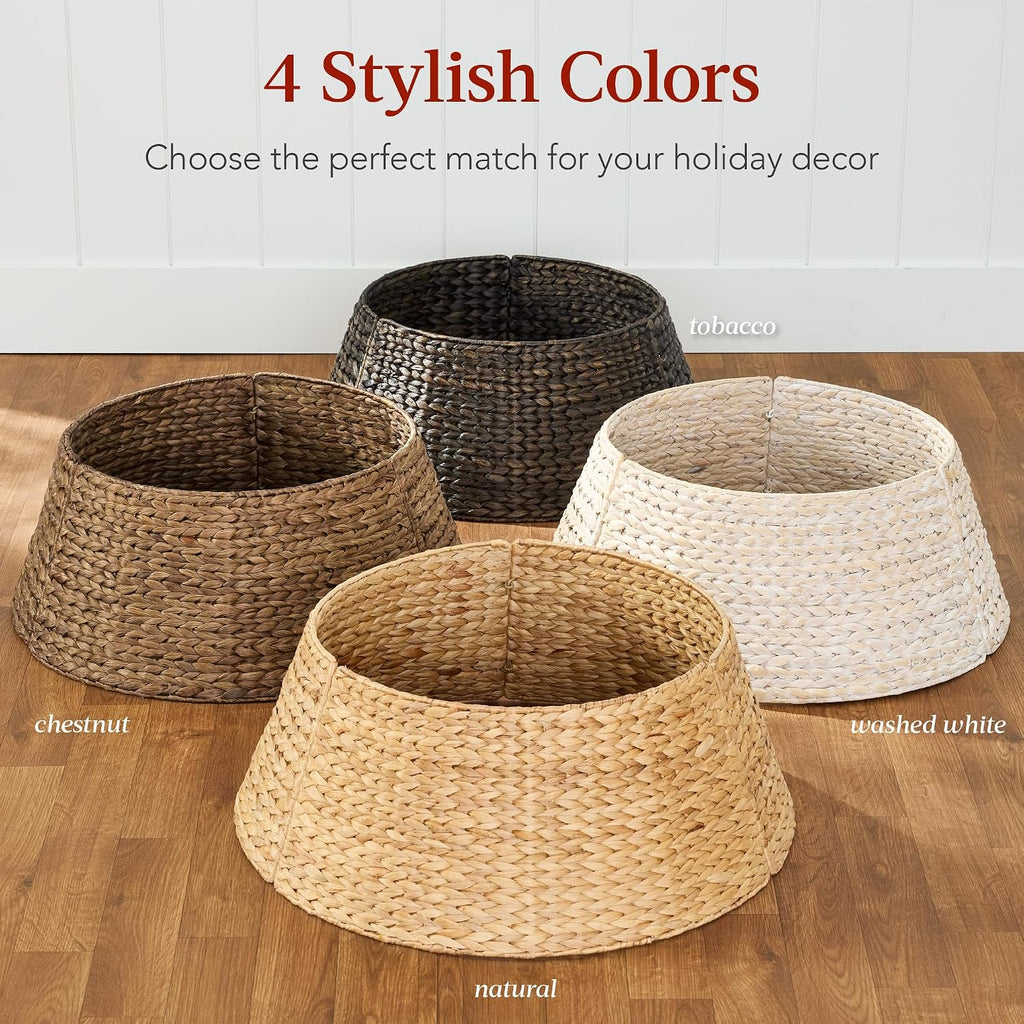 42in Christmas Tree Collar, Woven Hyacinth 4-Piece Holiday Rattan Tree Skirt Accessory w/Cord Cut-Out - Chestnut